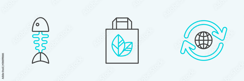 Set line Planet earth and a recycling, Fish skeleton and Paper shopping bag with recycle icon. Vector Set line Planet earth and a recycling, Fish skeleton and Paper shopping bag with recycle icon. Vector