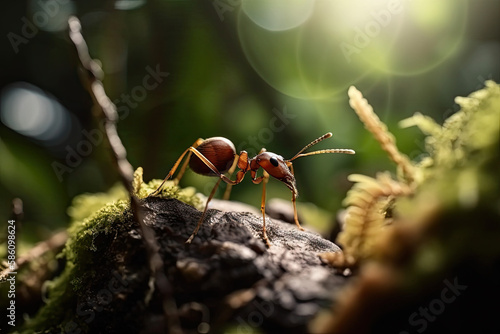 ant, a strong insect, in the forest in the wild, summer day, generative AI