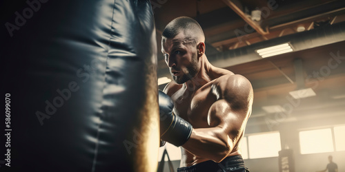 Man practicing kickboxing, close-up on punching bag workout at gym. Generative AI photo