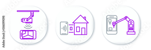 Set line Industrial machine robotic robot arm hand, Wireless Controlling CCTV security camera and Smart home icon. Vector