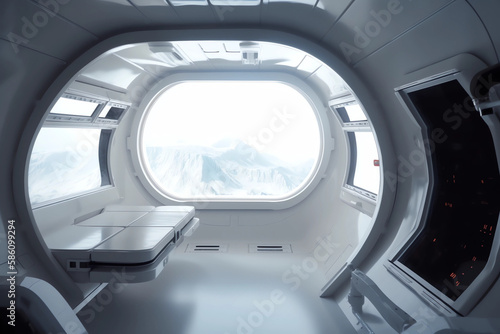 White and clean spaceship interior with view on planet mountains. 3D rendering style of a spaceship interior.