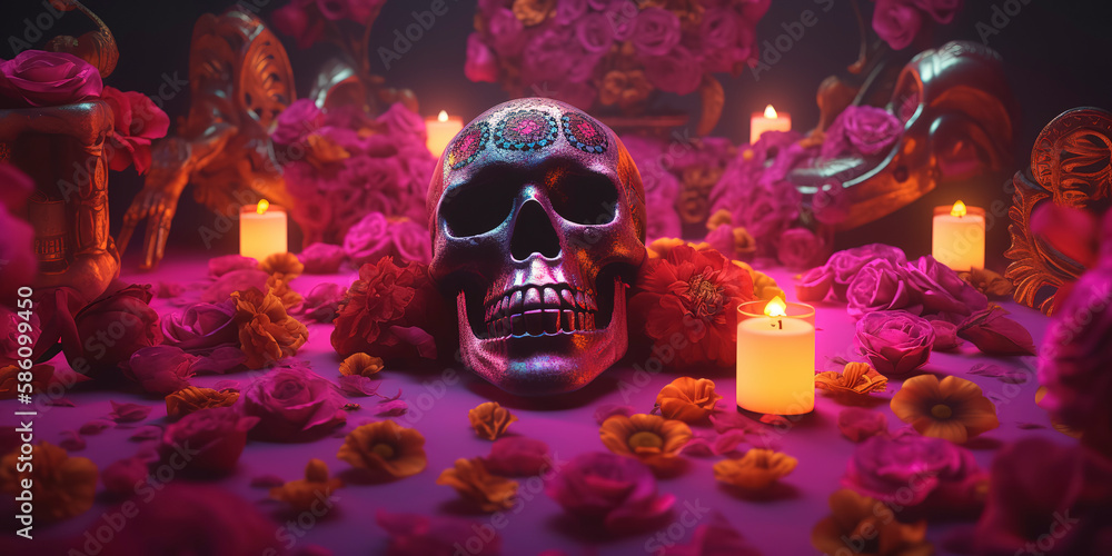 Festive Day of the Dead skull and altar, complemented by a vivid-pink background. Generative AI Festive Day of the Dead skull and altar, complemented by a vivid-pink background. Generative AI
