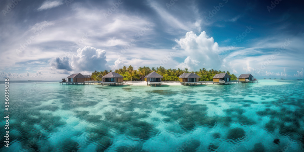 Bungalows sur pilotis dans un lagon tropical avec eau limpide et turquoise