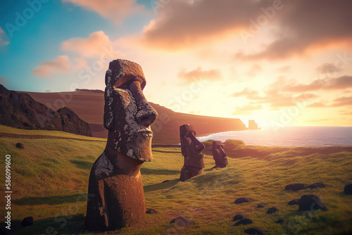 Moai statues at Easter Island bathed in a sunset glow.Generative AI photo