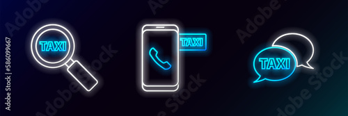Set line Taxi call telephone service, Magnifying glass and taxi car and icon. Glowing neon. Vector
