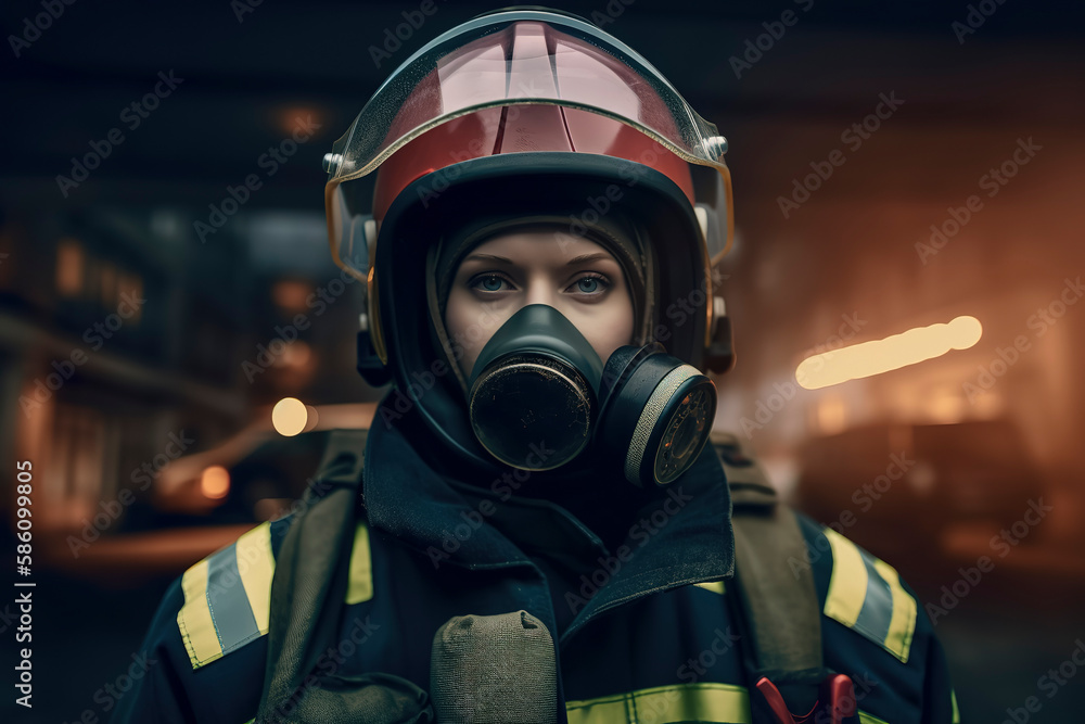 Firefighter on duty, sporting gas mask and helmet, with fire engine close by. Generative AI