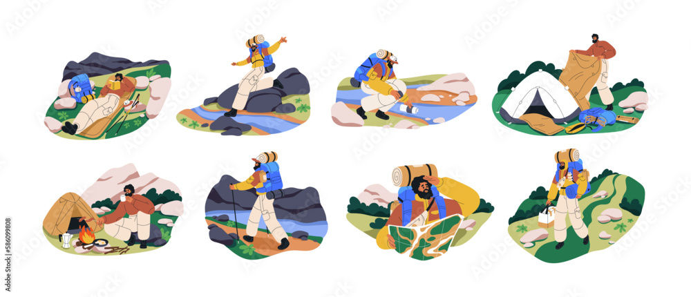 Fototapeta premium Hiker travels alone. Solo tourist with backpack hiking, camping in nature on summer vacation. Man wayfarer, happy single traveler set. Flat graphic vector illustrations isolated on white background