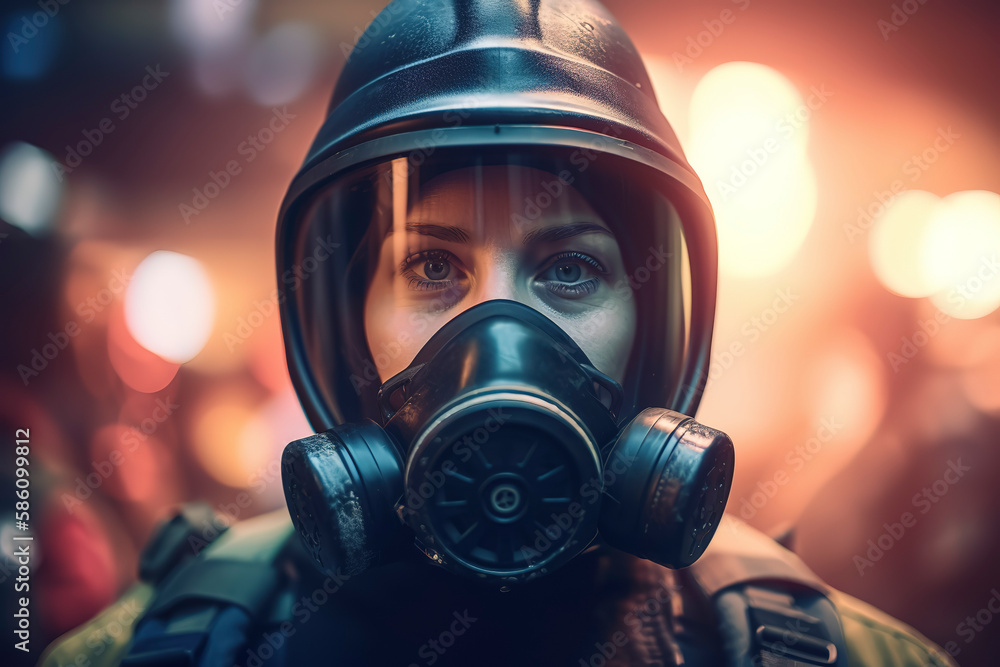 Portrait of a courageous firewoman wearing gas mask and helmet, fire engine nearby. Generative AI Portrait of a courageous firewoman wearing gas mask and helmet, fire engine nearby. Generative AI