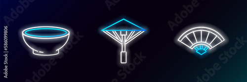 Set line Paper chinese or japanese folding fan, Bowl of hot soup and Japanese umbrella from the sun icon. Glowing neon. Vector