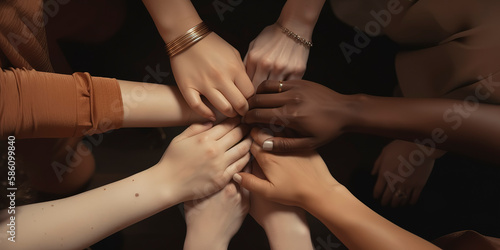 Circle of unity: Top view of diverse women clasping wrists against a brown background. Generative AI