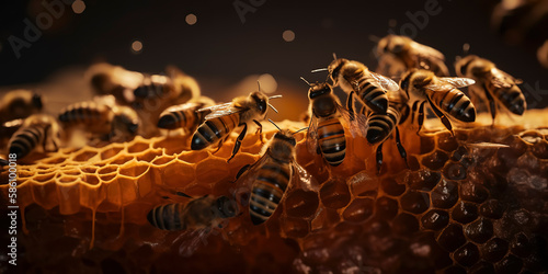Industrious bees creating honey on a bustling honeycomb. Generative AI