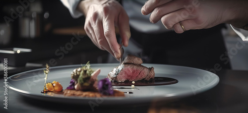 Fotografiet Skillful chef artfully plating a venison dish in a professional kitchen