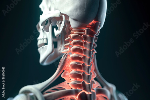 Human body focusing on neck pain zones, including atlas and cervical vertebrae. Generative AI photo