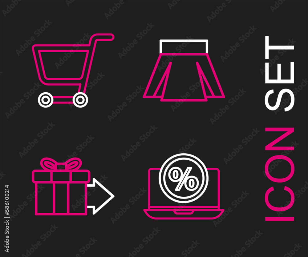 Set line Percent discount and laptop, Gift box, Skirt and Shopping cart icon. Vector Set line Percent discount and laptop, Gift box, Skirt and Shopping cart icon. Vector