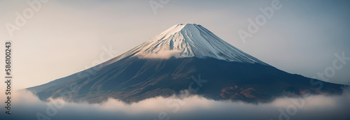 Cloud-enveloped Mount Fuji in Yamanashi, Japan, with a pristine sky backdrop. Generative AI