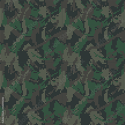 Abstract halftone seamless camouflage, led style texture. Dot pattern in dark khaki green colors, camo digital  background. Vector pixel art wallpaper