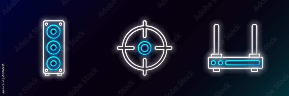 Set line Router and wi-fi signal, Stereo speaker and Target sport icon. Glowing neon. Vector Set line Router and wi-fi signal, Stereo speaker and Target sport icon. Glowing neon. Vector