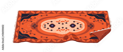Rectangle carpet design with ornament, pattern. Floor mat, rug with wrinkles. Cozy stylish home interior decoration of rectangular shape. Flat vector illustration isolated on white background