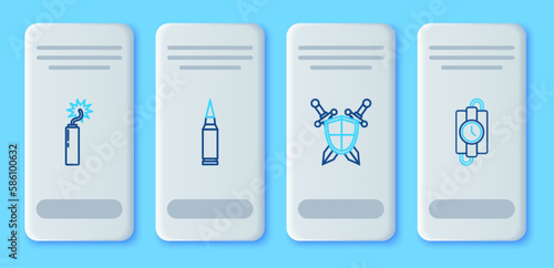Set line Bullet  Medieval shield with crossed swords  Dynamite bomb stick clock and dynamite and timer icon. Vector