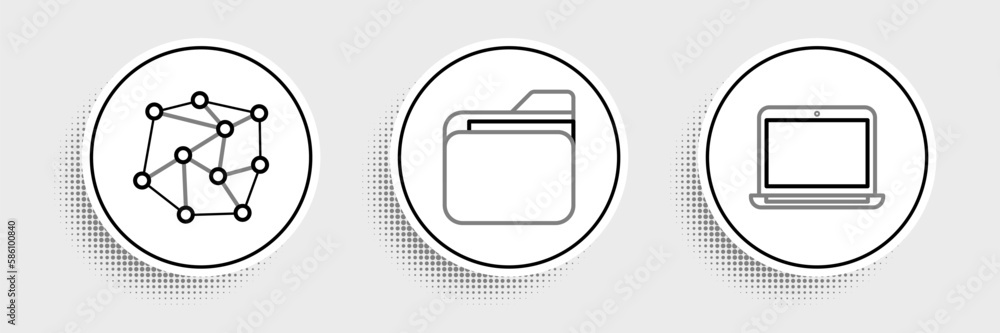 Set line Laptop, Neural network and Document folder icon. Vector Set line Laptop, Neural network and Document folder icon. Vector