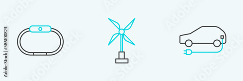 Set line Electric car, Smartwatch and Wind turbine icon. Vector