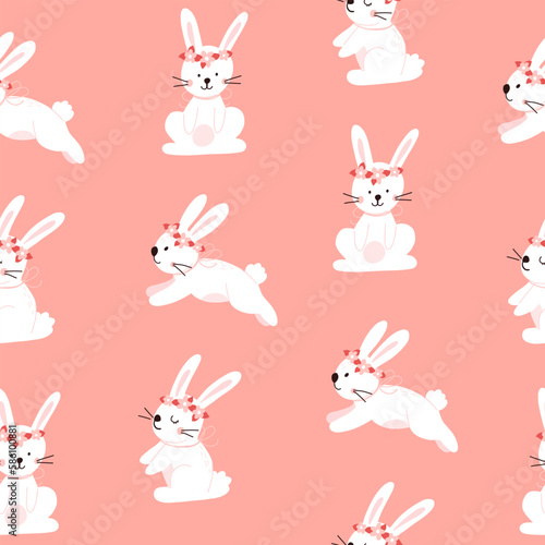 Vector color hand-drawn children cute easter seamless pattern with hens, bunny, easter eggs, flowers in scandinavian style. Easter colorful set. Doodle cartoon spring background. Happy easter.