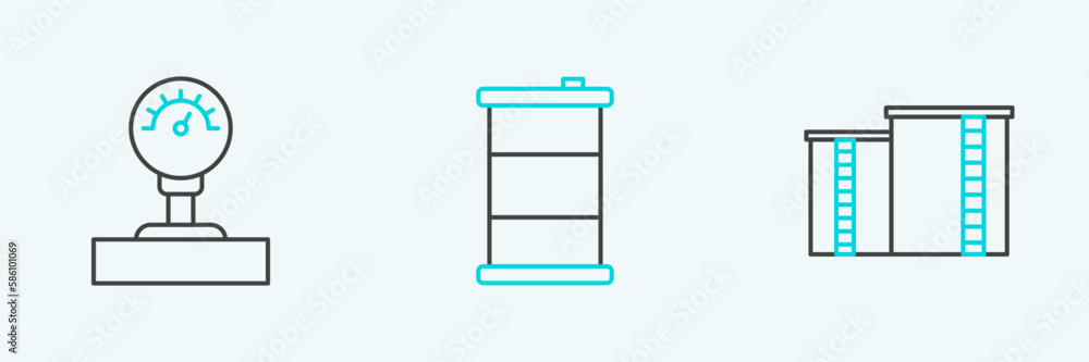 Set line Oil industrial factory building, Gauge scale and Barrel oil icon. Vector Set line Oil industrial factory building, Gauge scale and Barrel oil icon. Vector