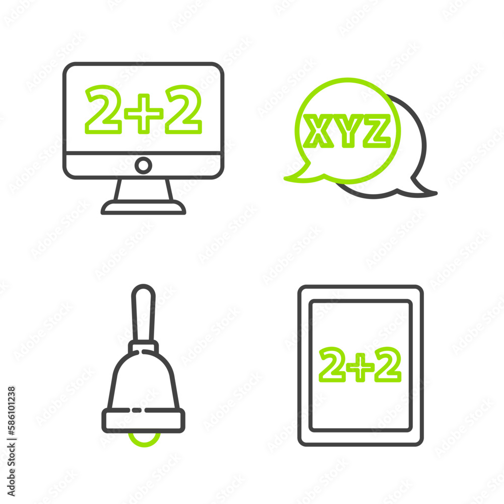 Set line Tablet with calculator, Ringing bell, XYZ Coordinate system and Equation solution icon. Vector Set line Tablet with calculator, Ringing bell, XYZ Coordinate system and Equation solution icon. Vector