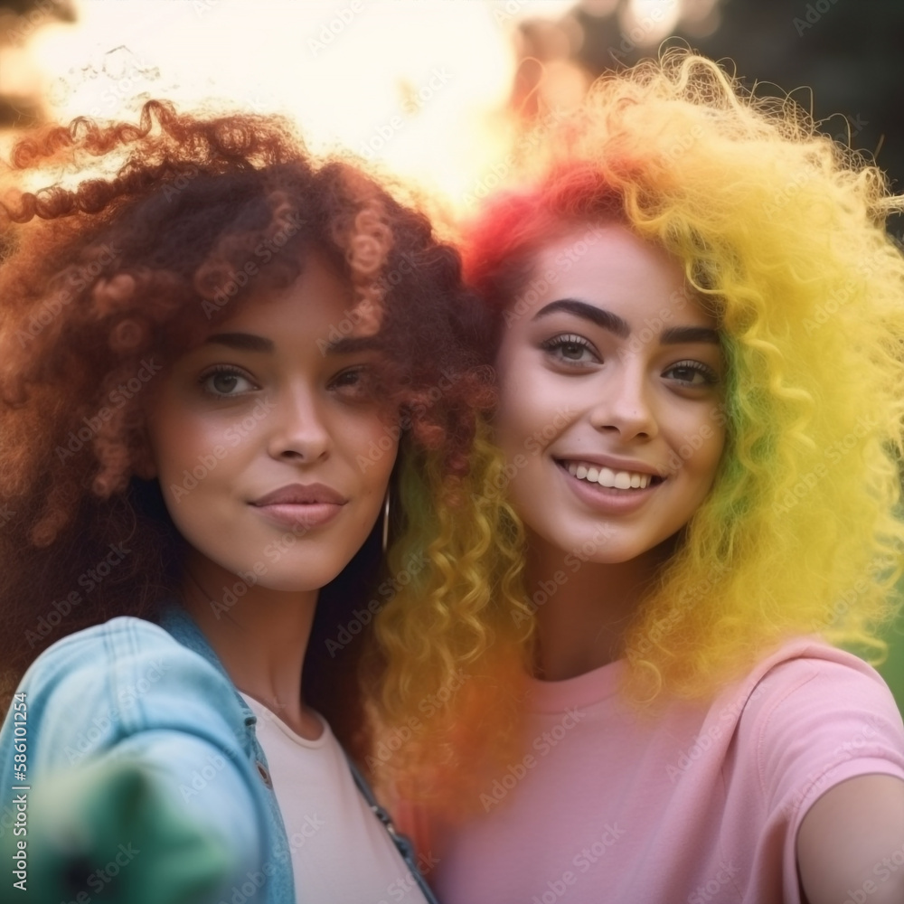 young fashion girls with particular hairstyle and makeup making selfies outdoor and having fun together, generative ai illustration young fashion girls with particular hairstyle and makeup making selfies outdoor and having fun together, generative ai illustration