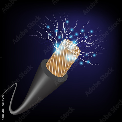 Electric cable close-up with glowing electricity lightning.