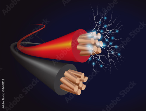 Electrical cable with copper wires, power equipment of energy industry. Vector realistic cable break or disconnect with electric discharge and sparks between stripped conductors.