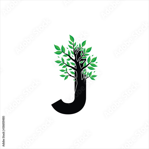 J letter with tree logo design icon symbol
