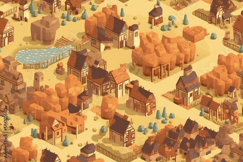 Isometric Illustrated Cartoon Cityscape Town Village Seamless Repeating Repeatable Texture Pattern Tiled Tessellation Background Image © DigitalFury
