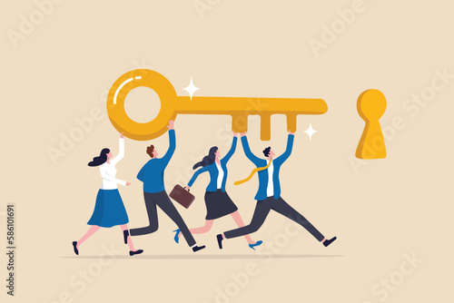 Key to success, teamwork, people to help solve problem, career opportunity, unlock secret or discovery, motivation concept, business people team member help carry golden success key push into keyhole.