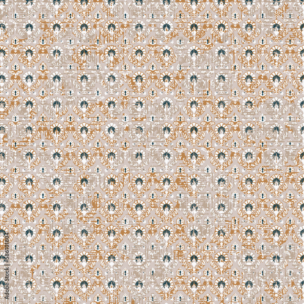 Fototapeta premium Geometric damask seamless pattern with grunge texture