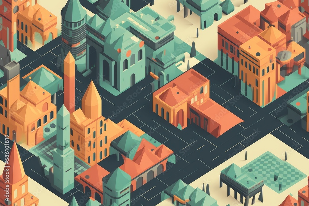 Isometric Illustrated Cartoon Cityscape Town Village Seamless Repeating Repeatable Texture Pattern Tiled Tessellation Background Image