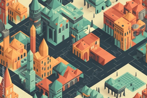 Isometric Illustrated Cartoon Cityscape Town Village Seamless Repeating Repeatable Texture Pattern Tiled Tessellation Background Image