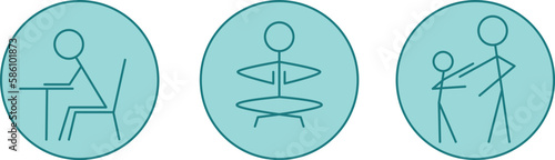 set of icons of public people in different areas, on holiday in sports, at work, round icons new author's design, yoga and study, family and leisure