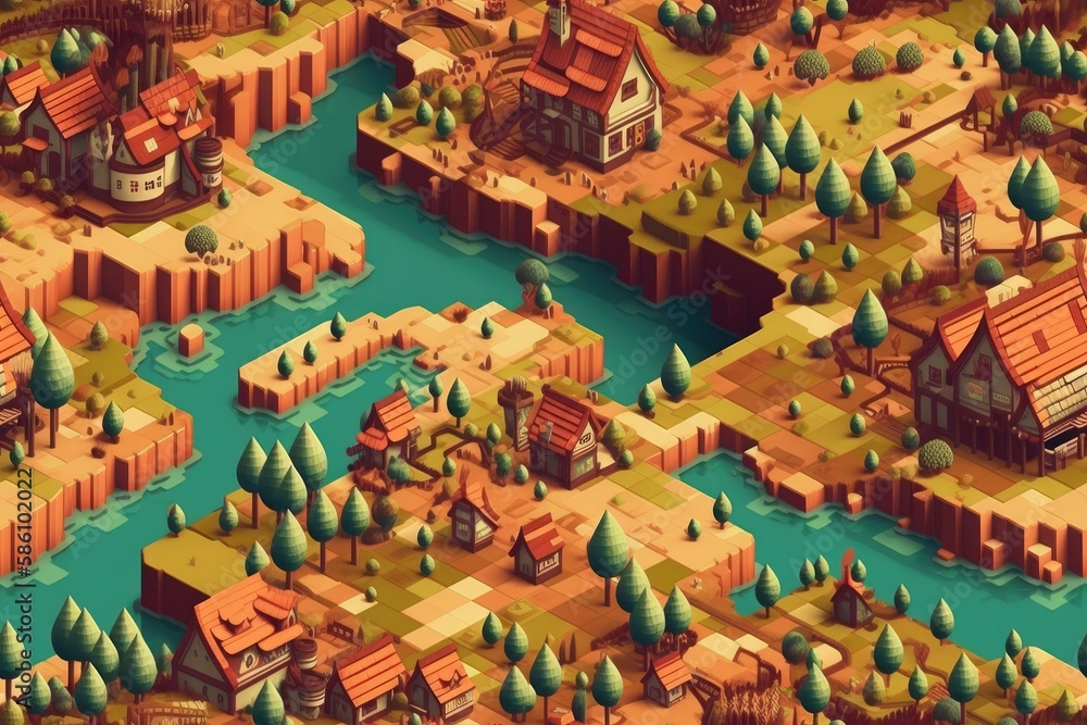 Fototapeta premium Isometric Illustrated Cartoon Cityscape Town Village Seamless Repeating Repeatable Texture Pattern Tiled Tessellation Background Image