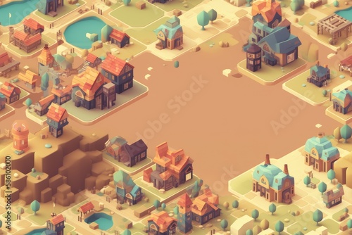 Isometric Illustrated Cartoon Cityscape Town Village Seamless Repeating Repeatable Texture Pattern Tiled Tessellation Background Image