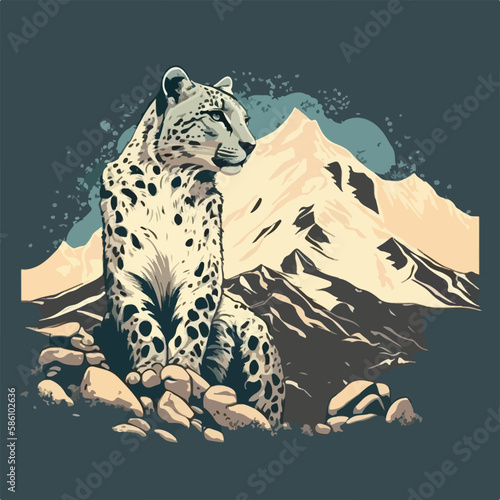 Snow leopard in the mountains. Threatened or endangered species animals. Flat vector illustration concept. Generative AI