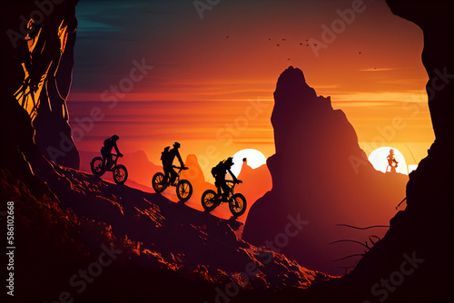 Silhouettes of Athletes Mountain Biking on a Trail with Mountain Range in the Background. AI Generated