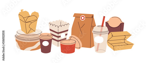 Delivery packages, cardboard boxes, containers, paper cups for takeaway food and drink. Different kind, type of carton packs for takeout snacks. Flat vector illustration isolated on white background