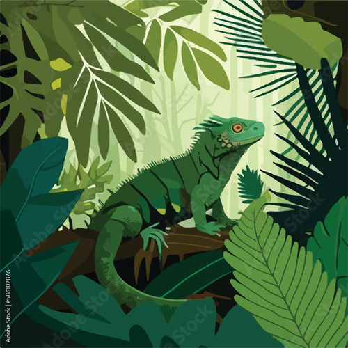 Green iguana in the lush undergrowth of the rainforest. Tropical rainforest reptiles animals. Flat vector illustration concept. Generative AI © Malchevska Studio