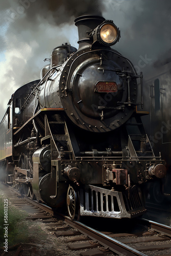 An old steam locomotive rides on rails. AI Generated
