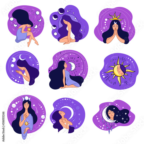 Astrology moon and sun, female character in space