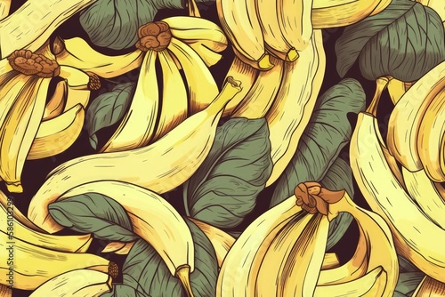 bunch of ripe yellow bananas with fresh green leaves on top created with Generative AI technology