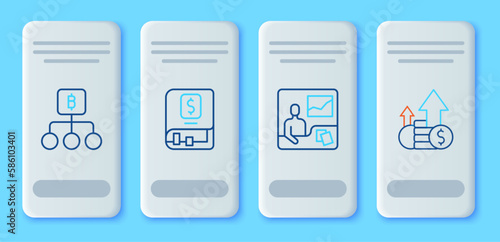 Set line Financial book, Trading courses, Blockchain technology Bitcoin and growth and icon. Vector