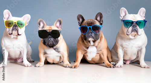 Portrait of a group of dogs with sunglasses posing for the camera. Isolated background. Generative AI © Farnaces
