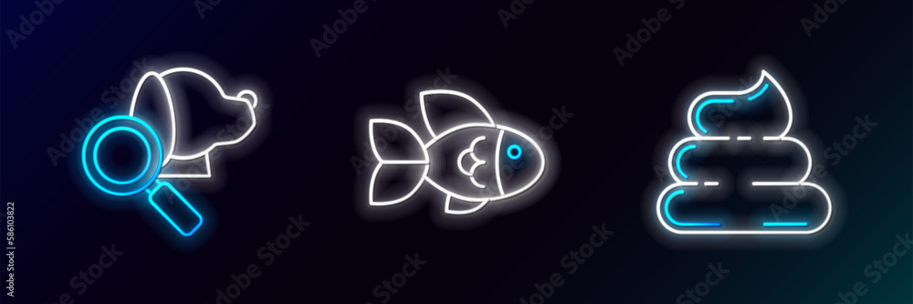 Set line Shit, Veterinary clinic symbol and Fish icon. Glowing neon. Vector Set line Shit, Veterinary clinic symbol and Fish icon. Glowing neon. Vector